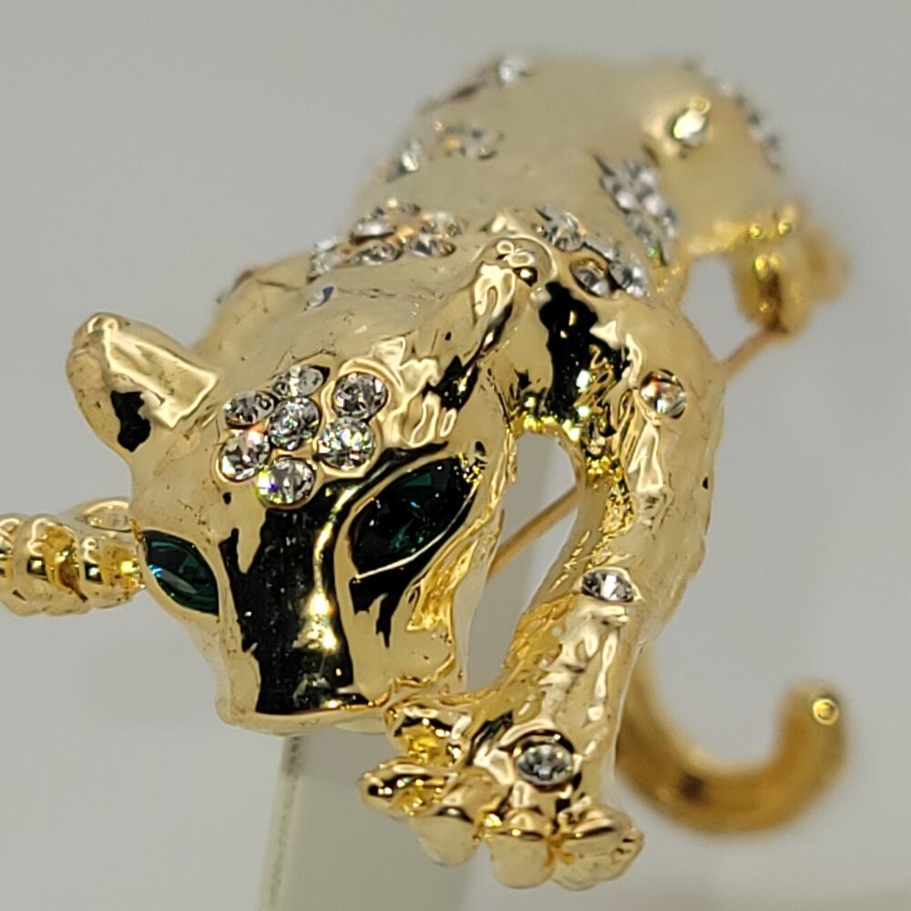 Vintage Gold-Tone Panther Brooch Green Rhinestone Eyes & Clear Rhinestones